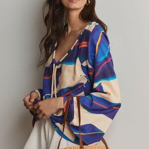 Farm Rio Long-Sleeve Rope-Tie Linen Blouse